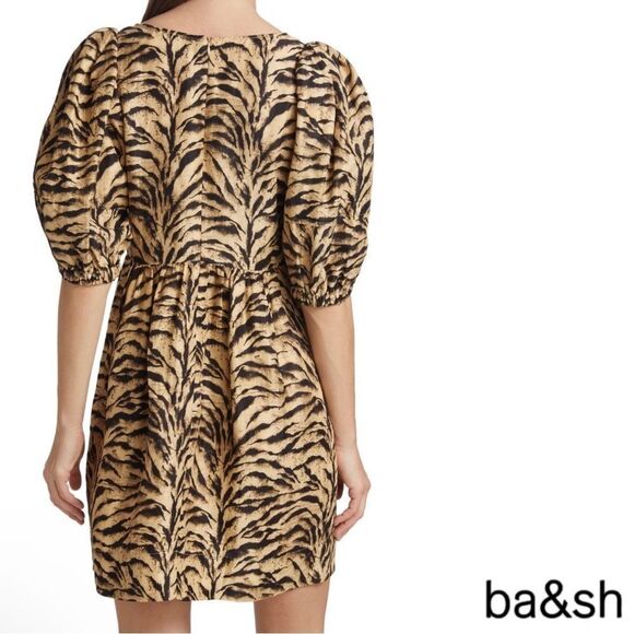 BA&SH **NWT** Zola Puff-sleeve Linen-blend Tiger Print Mini Dress - Picture 10 of 14